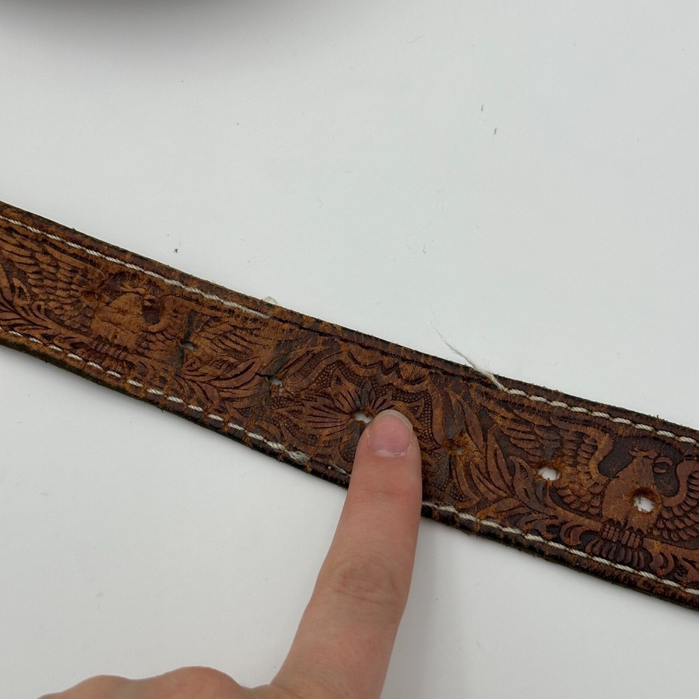 Vintage Leather Belt Brown XL Embossed Eagle Cowboy Trucker Unisex Boho - Picture 3 of 8